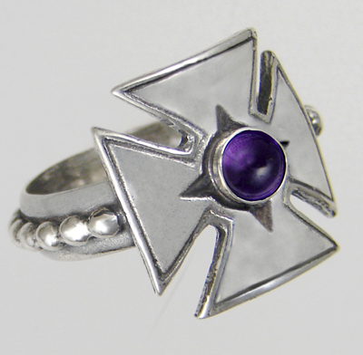 Sterling Silver Woman's Iron Cross Ring With Amethyst Size 6